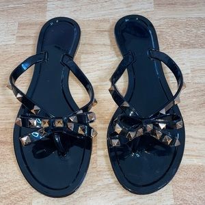 Studded Black Bow Jelly Flip Flops